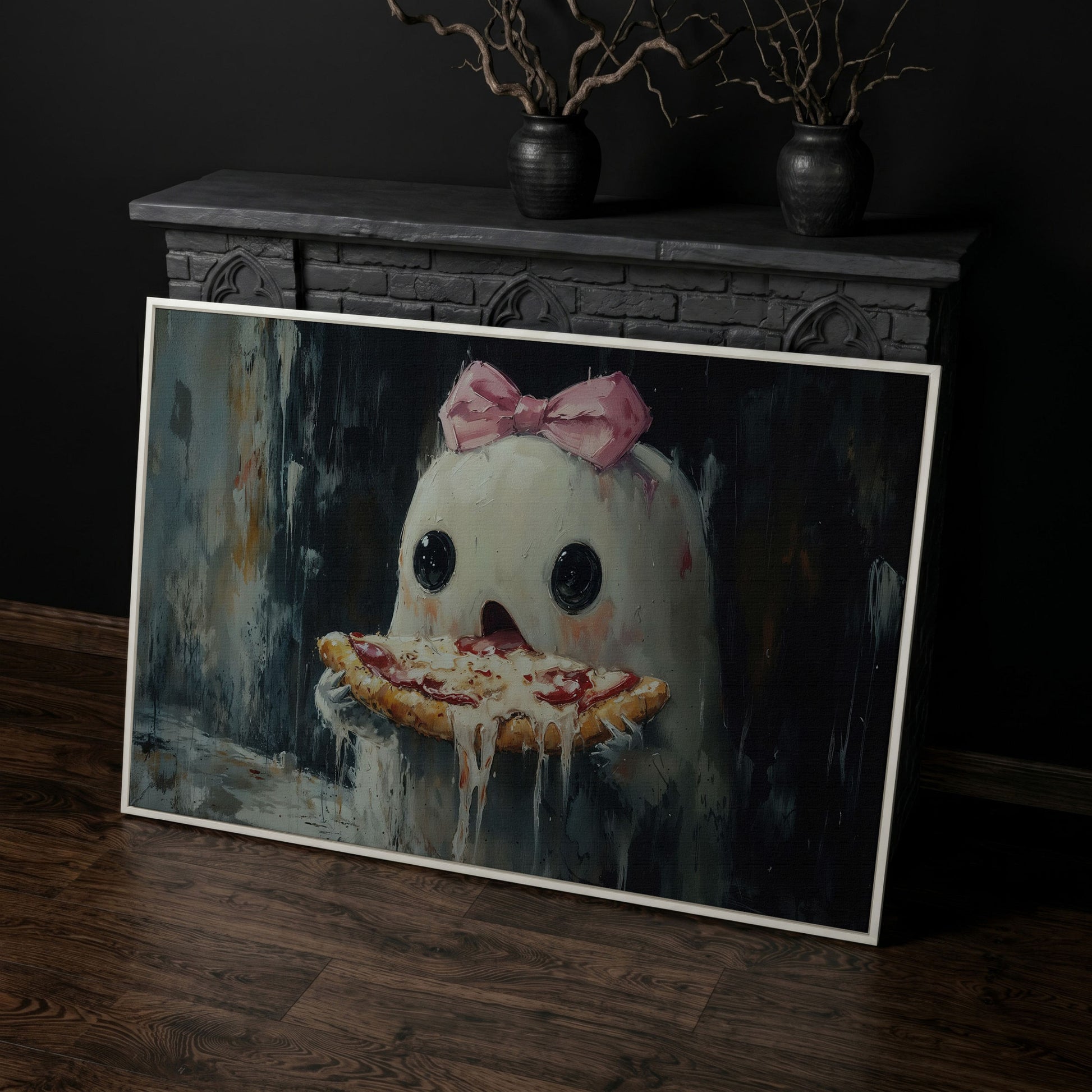 Funny Ghost Eating Pizza Canvas in white floating frame