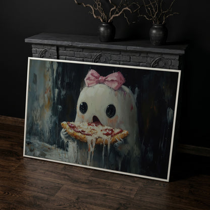 Funny Ghost Eating Pizza Canvas in white floating frame