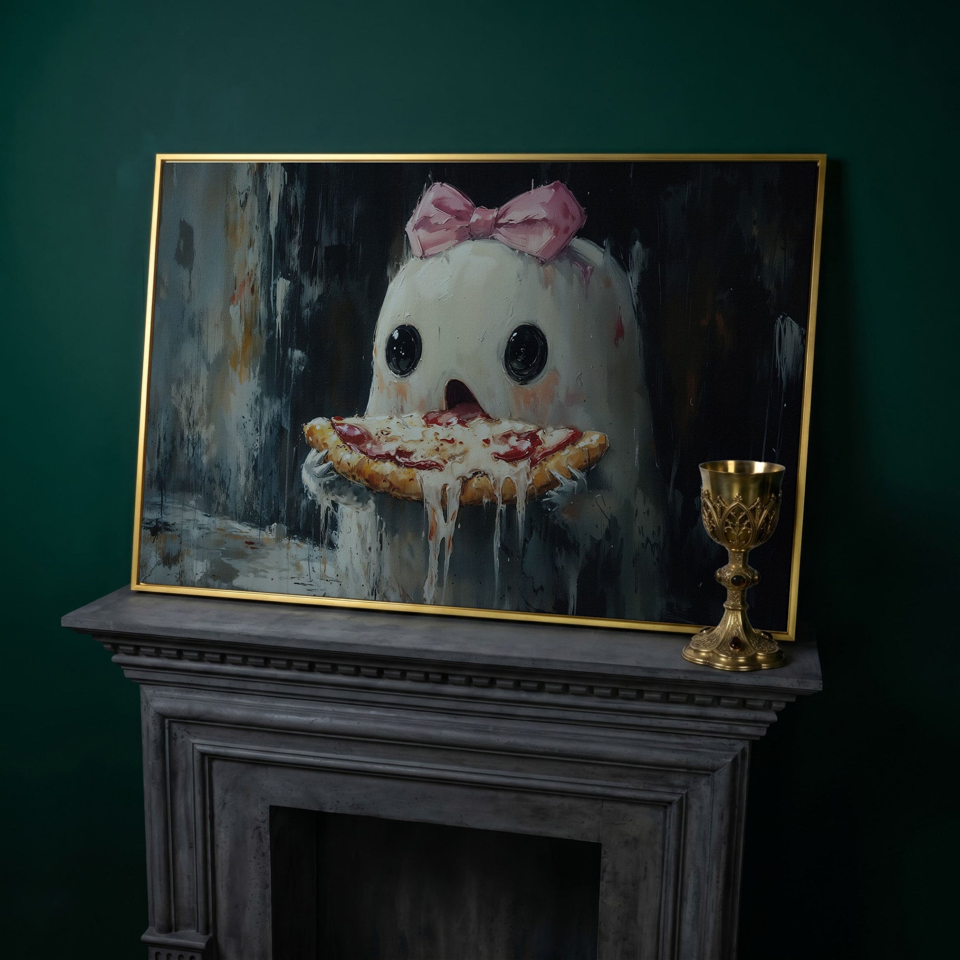 Funny Ghost Eating Pizza Canvas in yellow gold floating frame