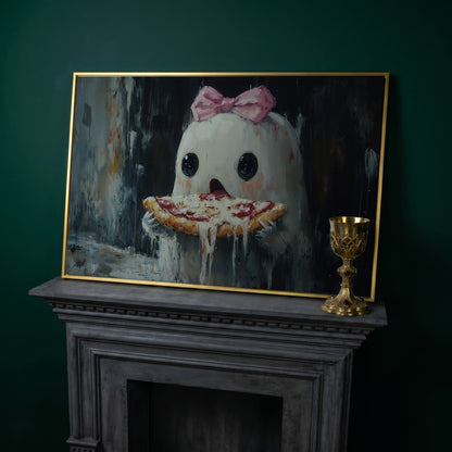 Funny Ghost Eating Pizza Canvas in yellow gold floating frame