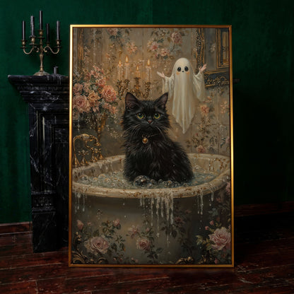 Black Cat in Tub Canvas Print for Halloween in antique gold floating frame