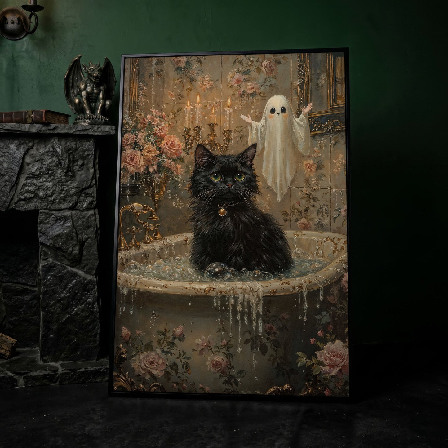 Black Cat in Tub Canvas Print for Halloween in black floating frame