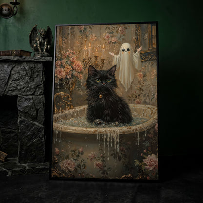 Black Cat in Tub Canvas Print for Halloween in black floating frame