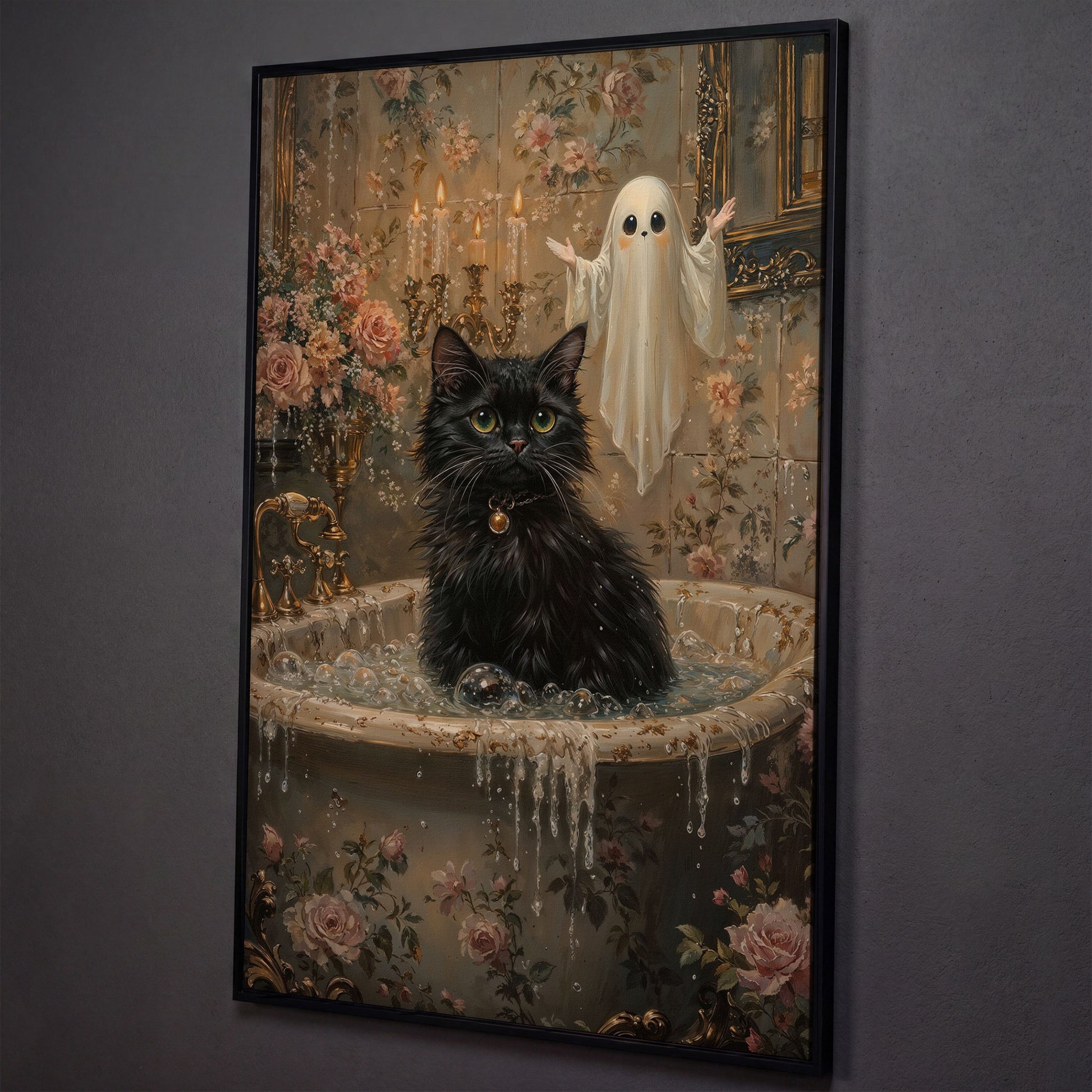 Black Cat in Tub Canvas Print for Halloween shown in black floating frame