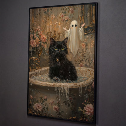 Black Cat in Tub Canvas Print for Halloween shown in black floating frame