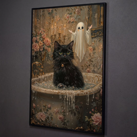 Black Cat in Tub Canvas Print for Halloween shown in black floating frame