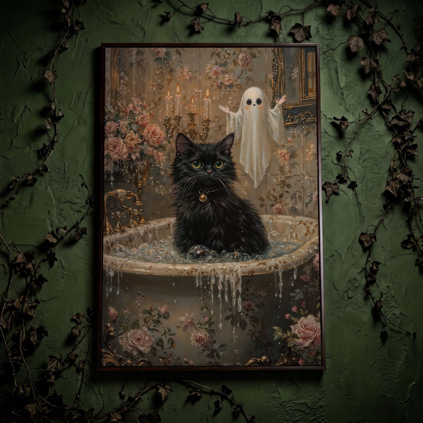 Black Cat in Tub Canvas Print for Halloween in dark walnut floating frame