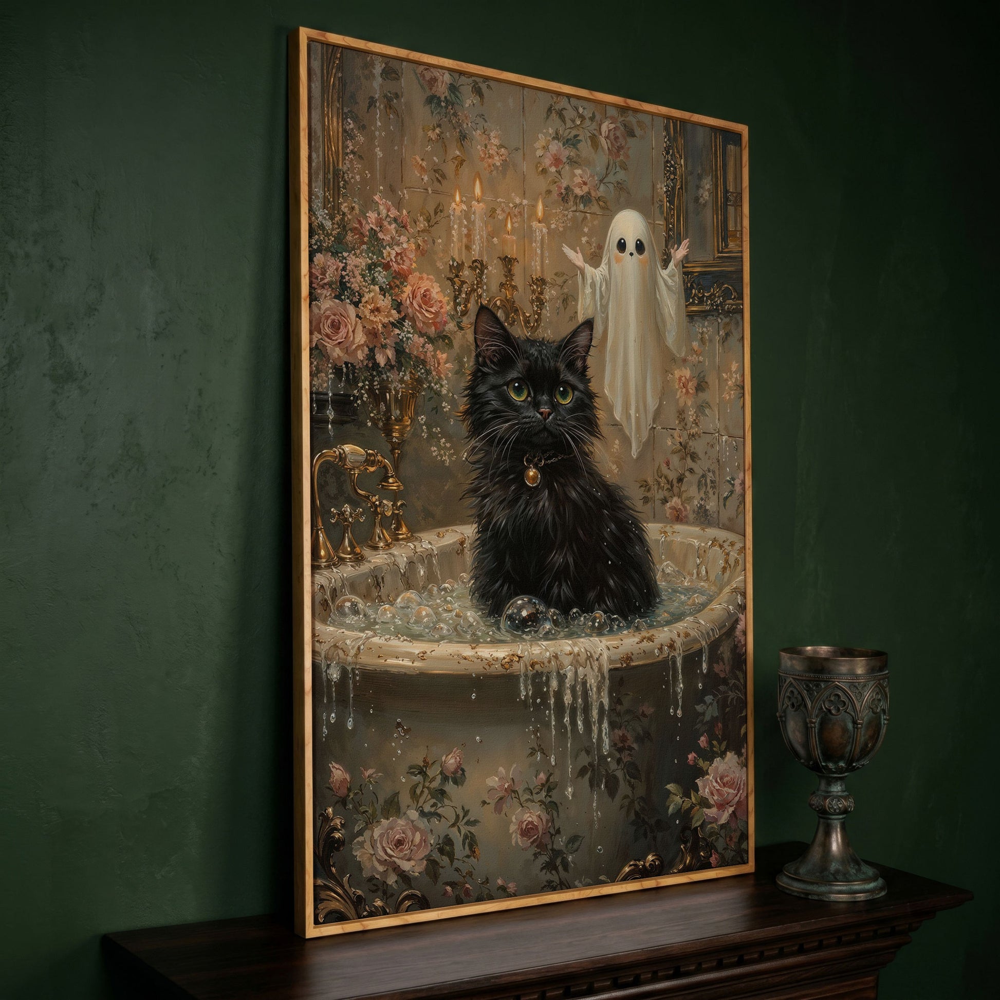 Black Cat in Tub Canvas Print for Halloween in white oak floating frame