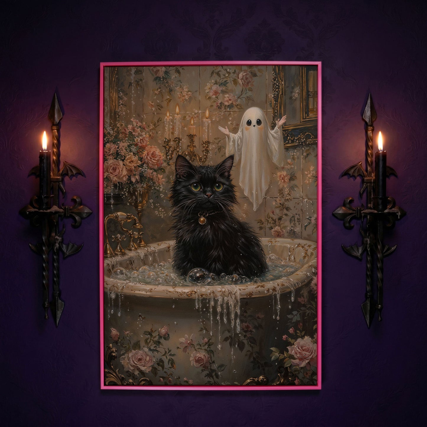 Black Cat in Tub Canvas Print for Halloween in pink floating frame