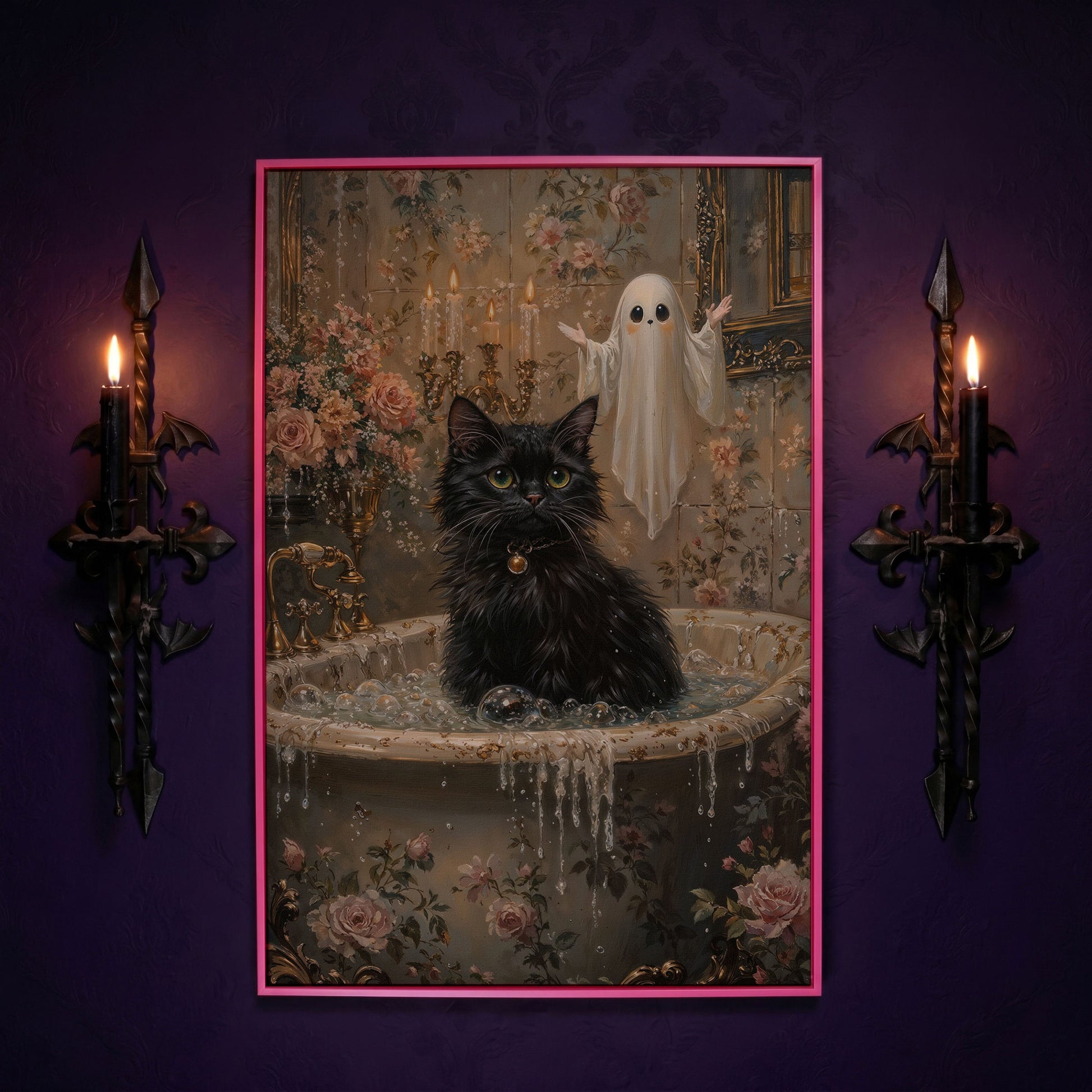 Black Cat in Tub Canvas Print for Halloween in pink floating frame