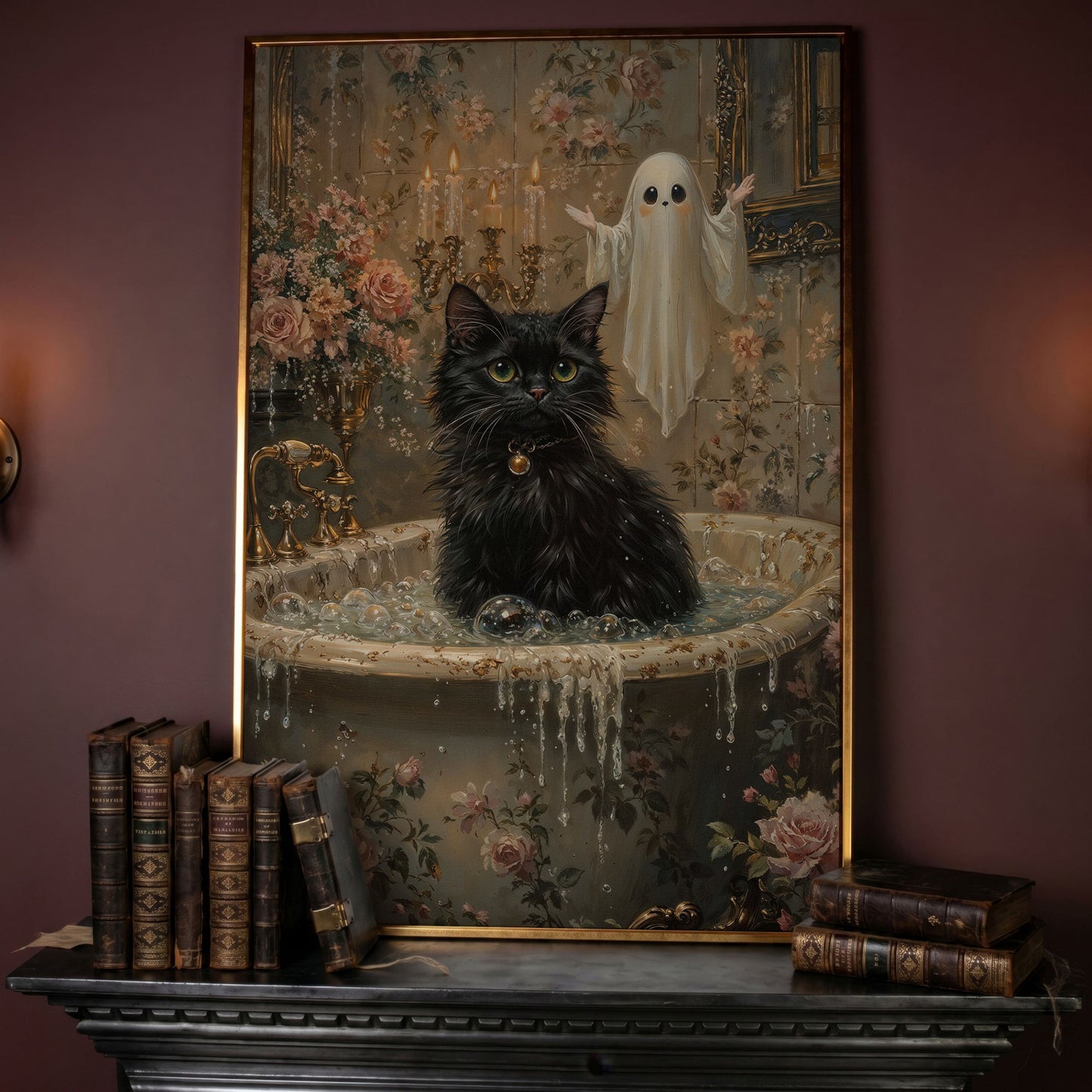 Black Cat in Tub Canvas Print for Halloween in rose gold floating frame