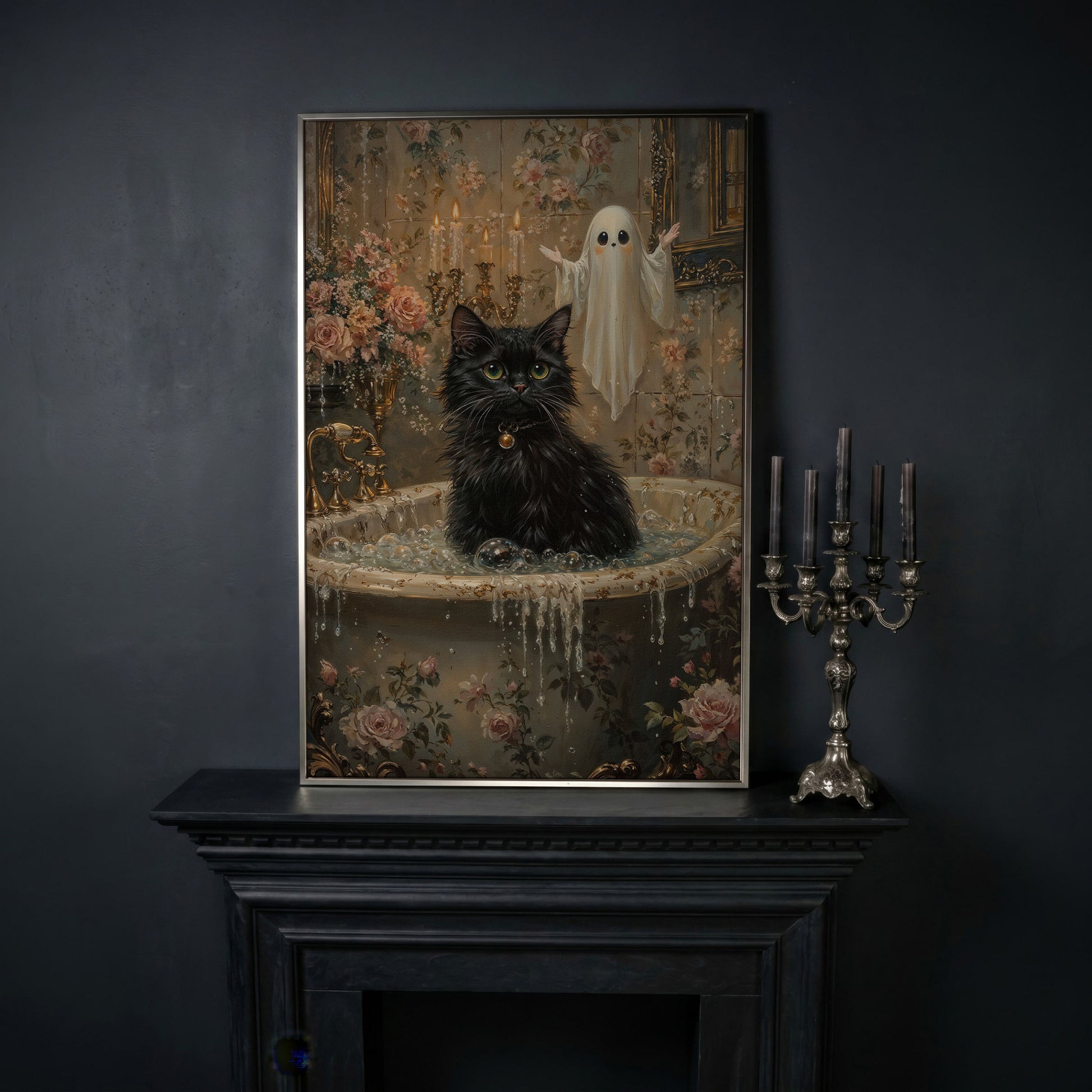Black Cat in Tub Canvas Print for Halloween in silver floating frame