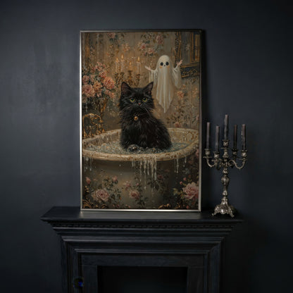 Black Cat in Tub Canvas Print for Halloween in silver floating frame