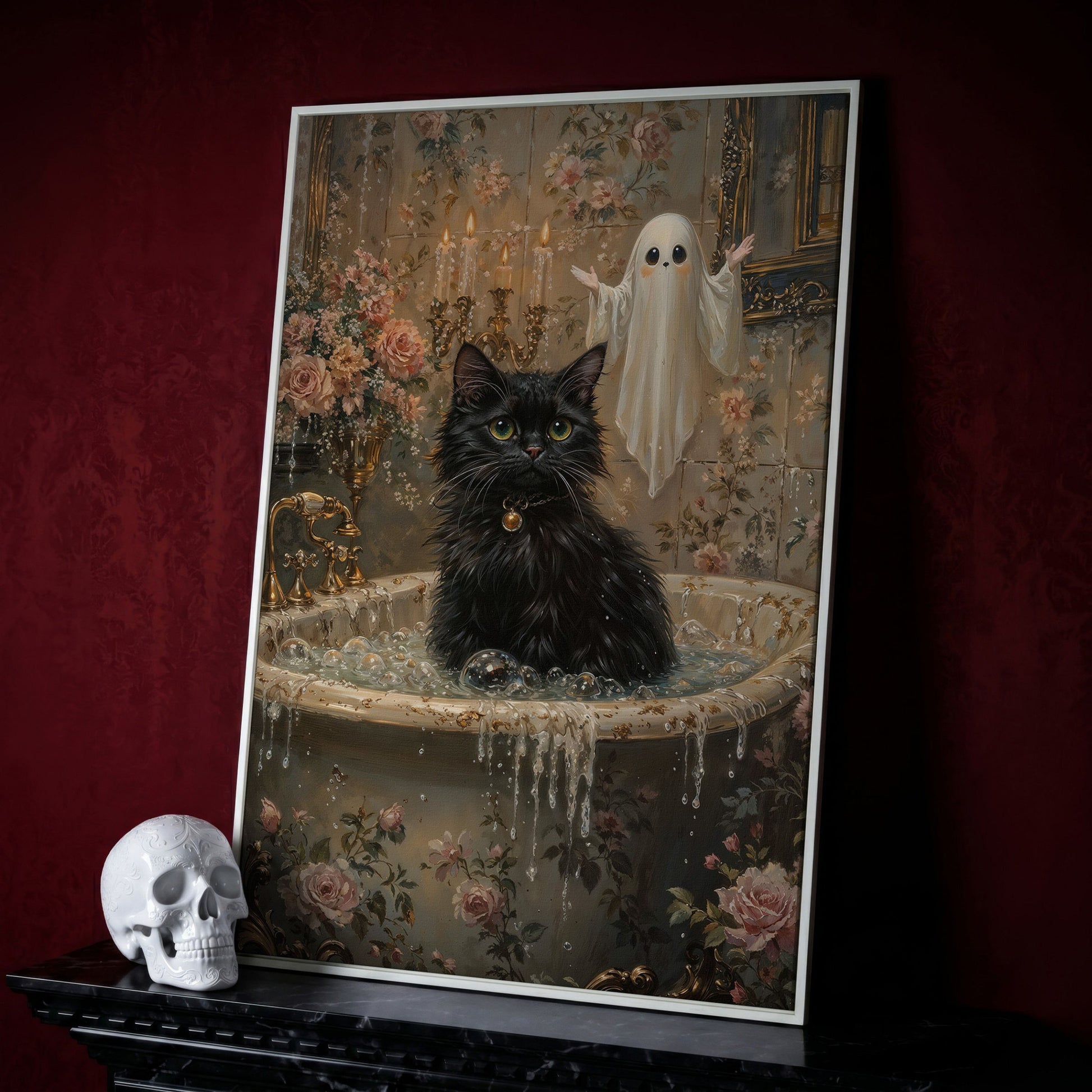 Black Cat in Tub Canvas Print for Halloween in white floating frame
