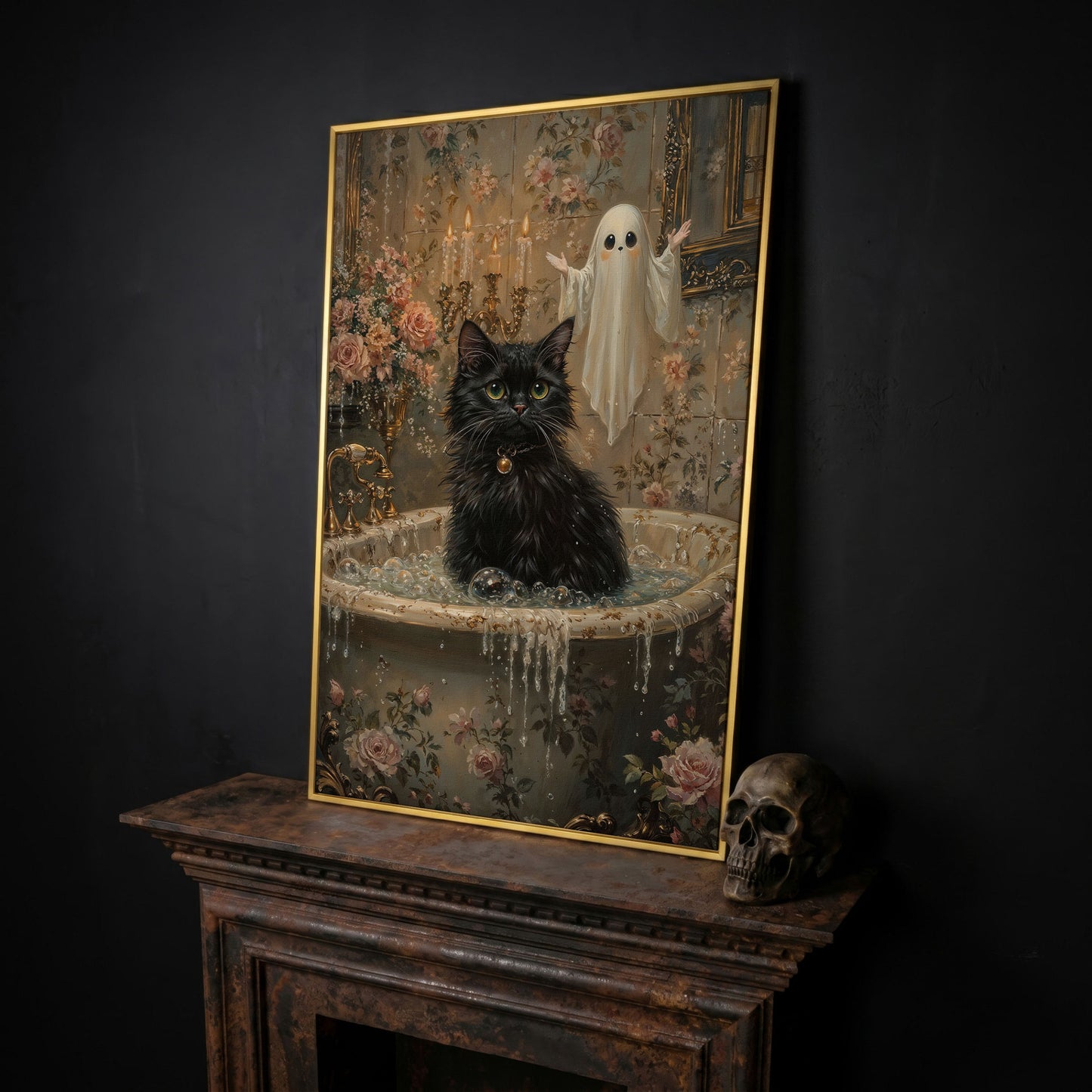 Black Cat in Tub Canvas Print for Halloween in yellow gold floating frame