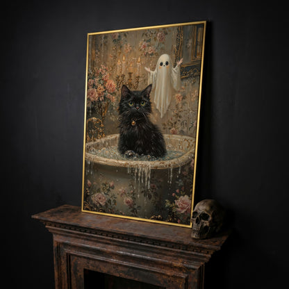 Black Cat in Tub Canvas Print for Halloween in yellow gold floating frame