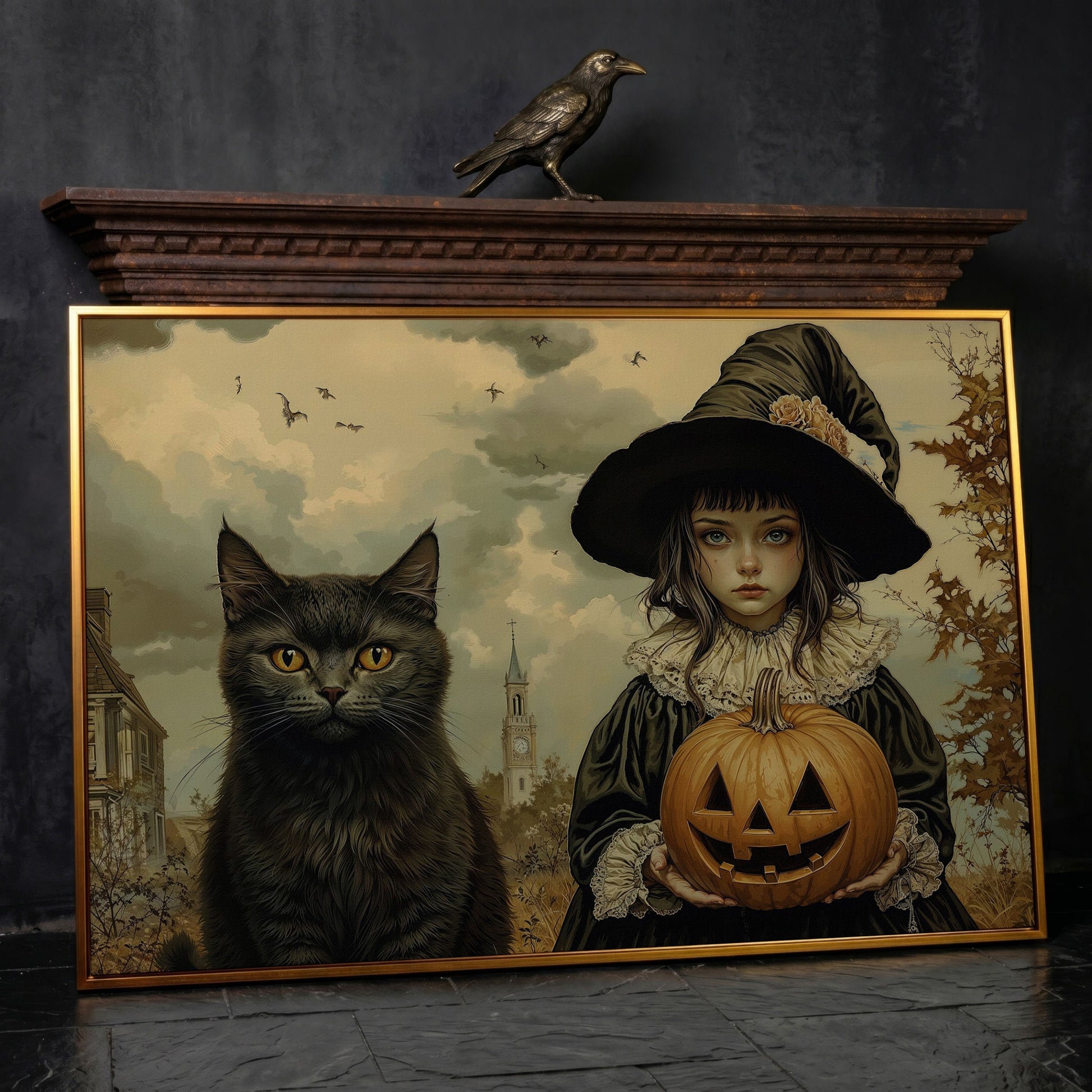 Halloween Witch and Black Cat Canvas in antique gold floating frame