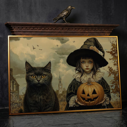 Halloween Witch and Black Cat Canvas in antique gold floating frame