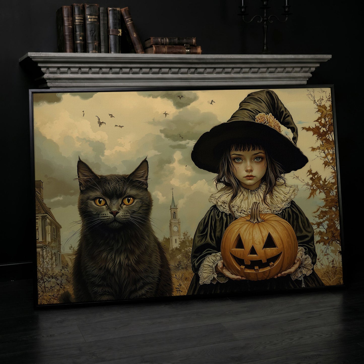 Halloween Witch and Black Cat Canvas in black floating frame