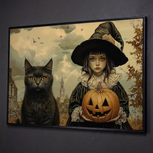 Halloween Witch and Black Cat Canvas shown in black floating frame