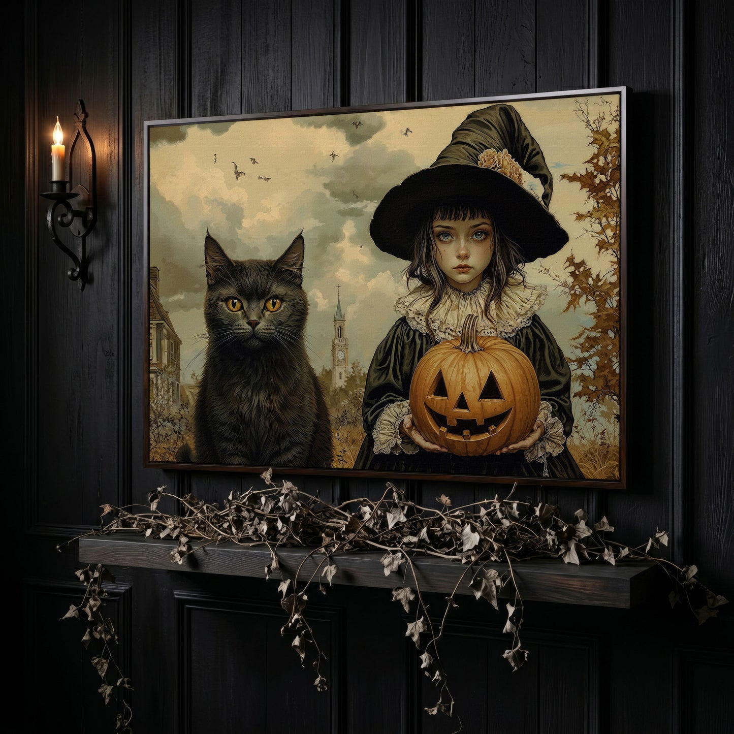 Halloween Witch and Black Cat Canvas in dark walnut floating frame