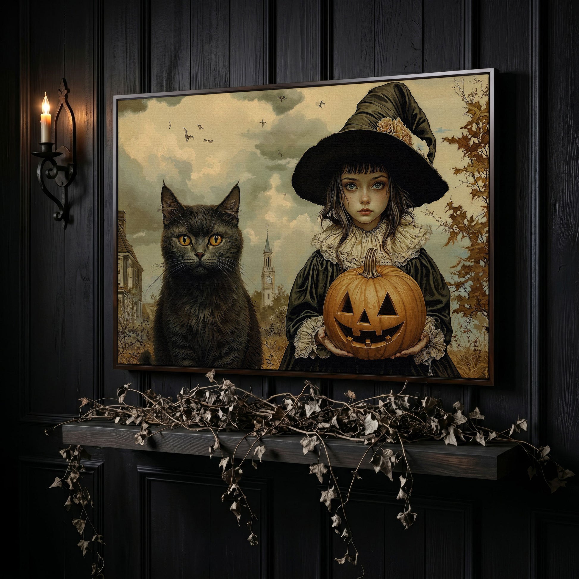 Halloween Witch and Black Cat Canvas in dark walnut floating frame