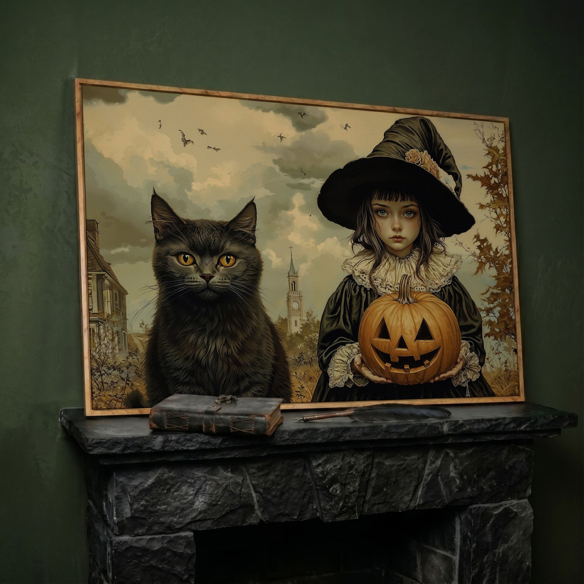 Halloween Witch and Black Cat Canvas in white oak floating frame
