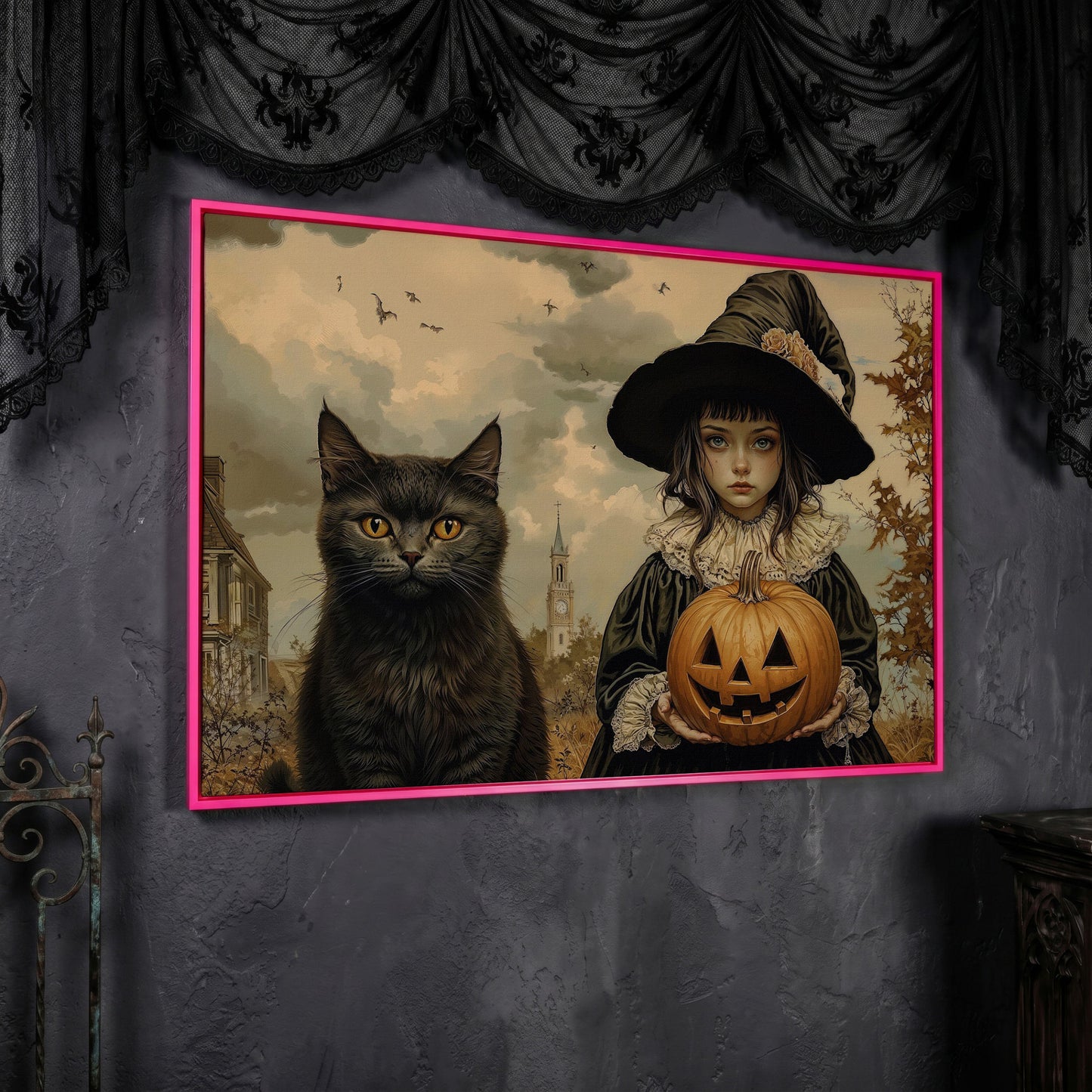 Halloween Witch and Black Cat Canvas in pink floating frame