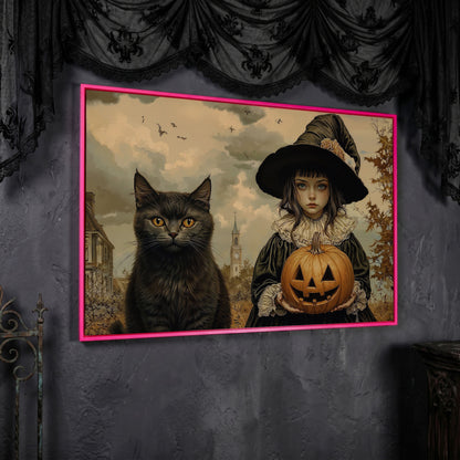 Halloween Witch and Black Cat Canvas in pink floating frame