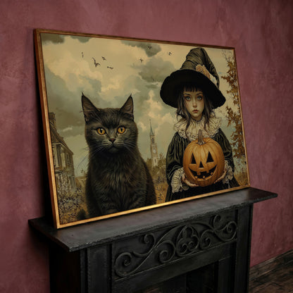 Halloween Witch and Black Cat Canvas in rose gold floating frame