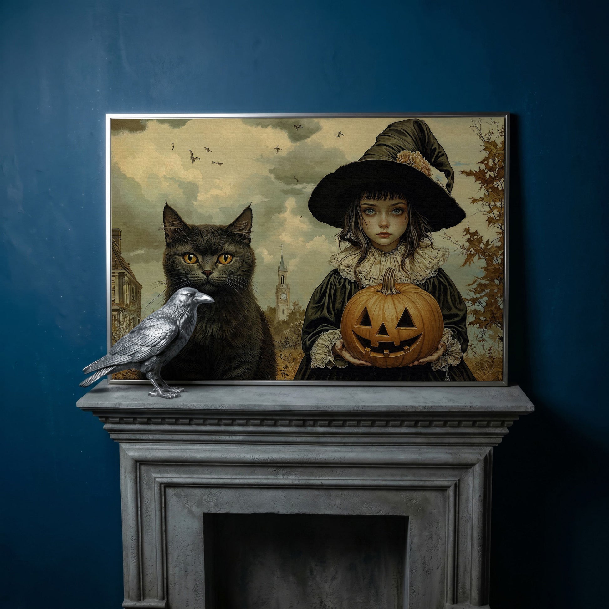 Halloween Witch and Black Cat Canvas in silver floating frame