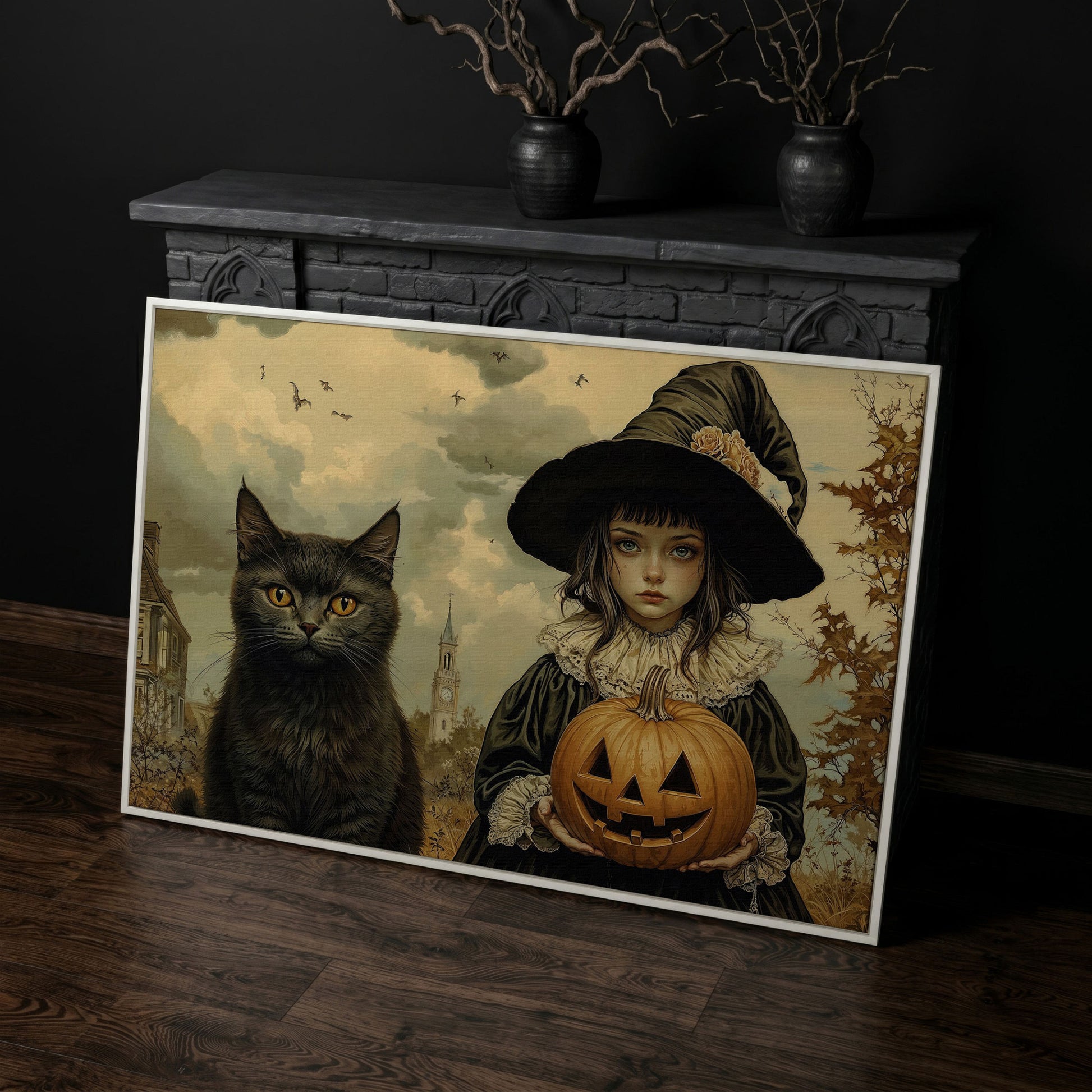 Halloween Witch and Black Cat Canvas in white floating frame