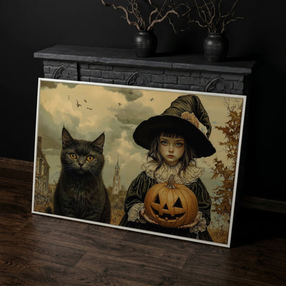 Halloween Witch and Black Cat Canvas in white floating frame