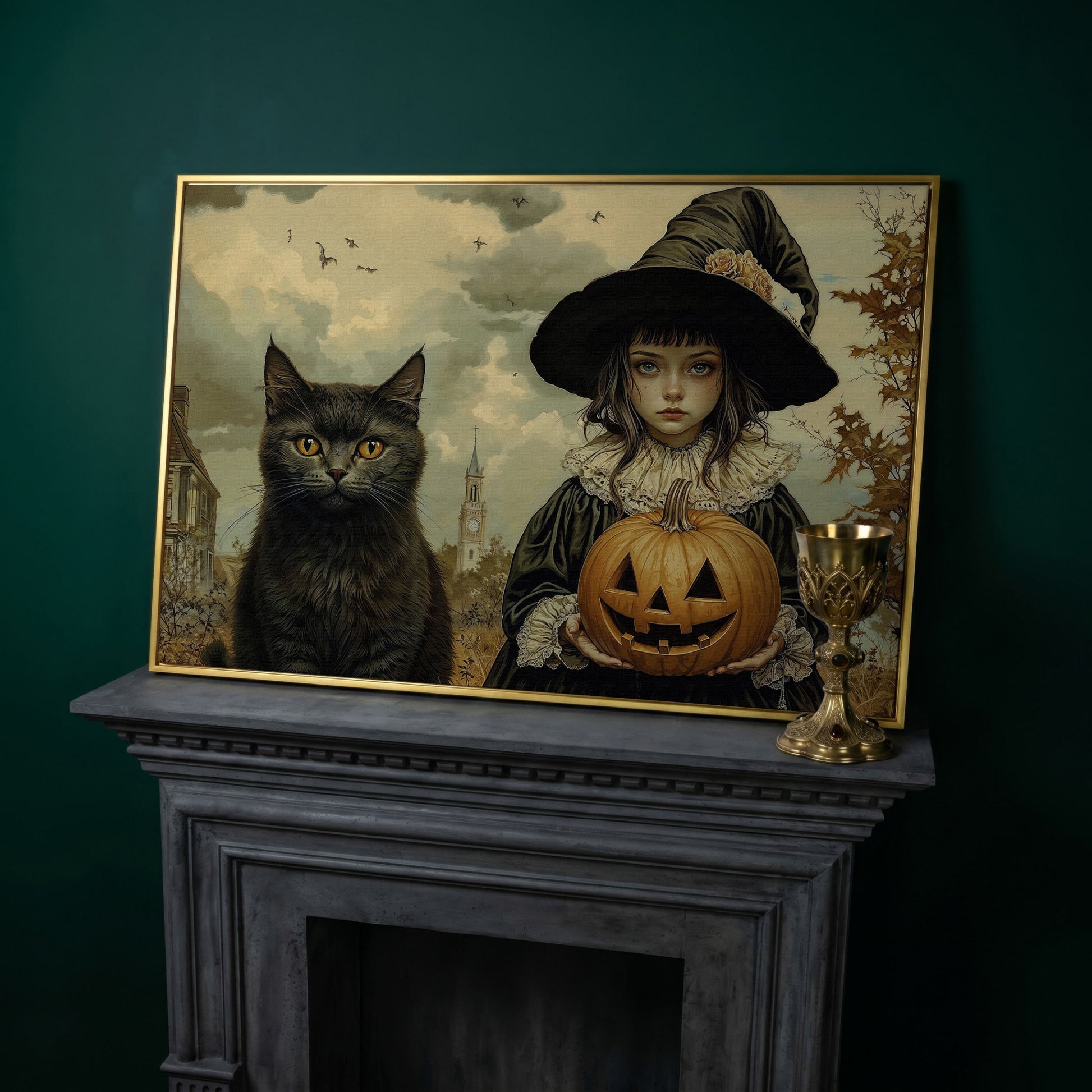 Halloween Witch and Black Cat Canvas in yellow gold floating frame