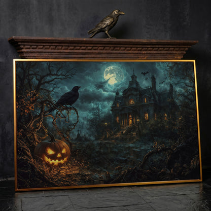 Haunted Mansion Halloween Night Canvas Art in antique gold floating frame