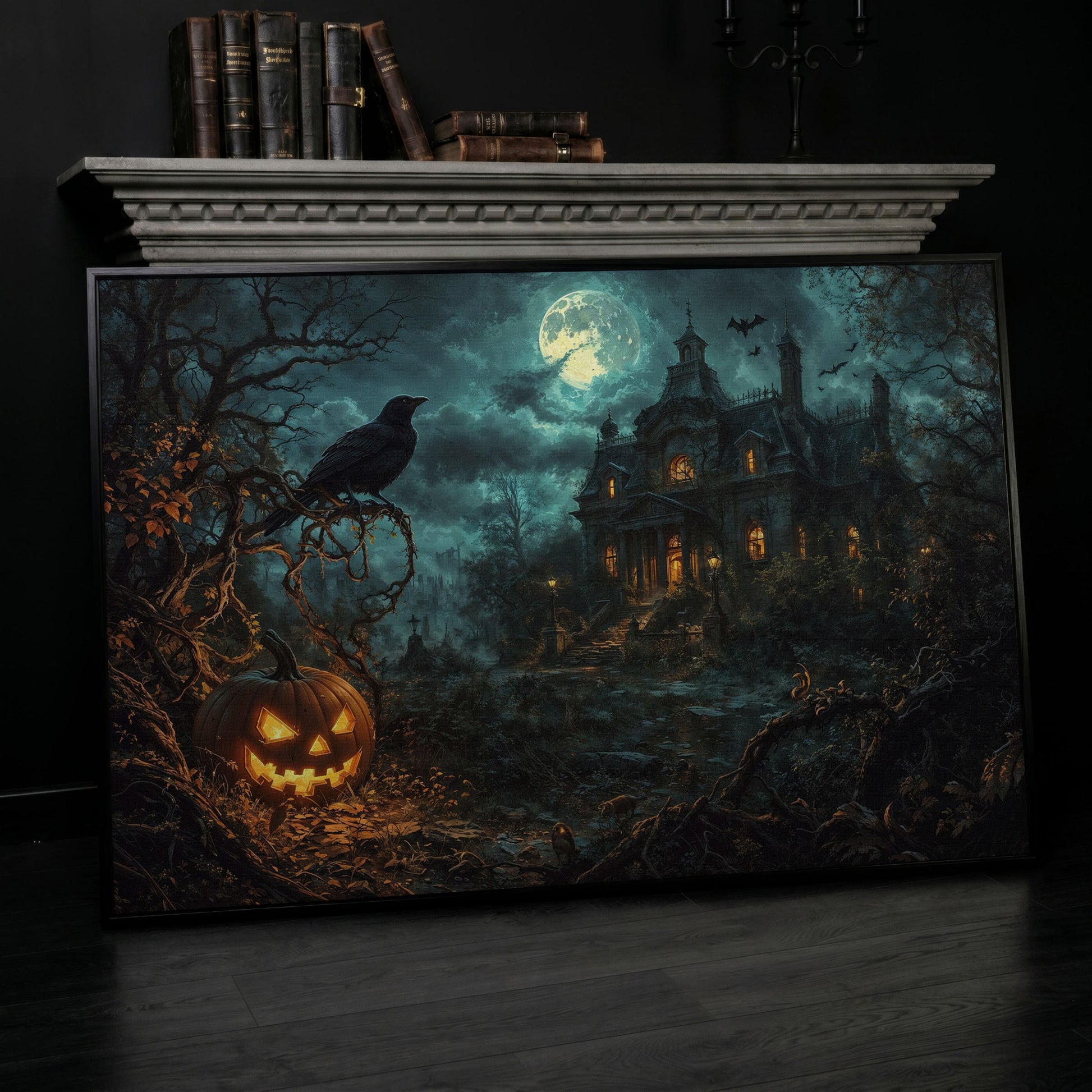 Haunted Mansion Halloween Night Canvas Art in black floating frame