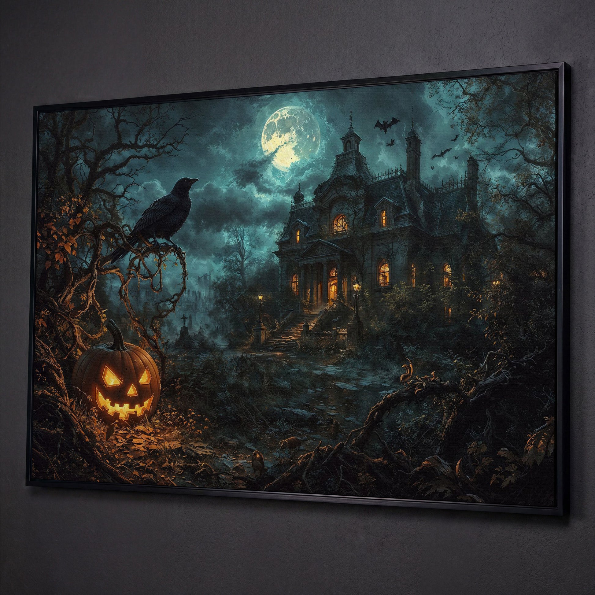 Haunted Mansion Halloween Night Canvas Art shown in black floating frame
