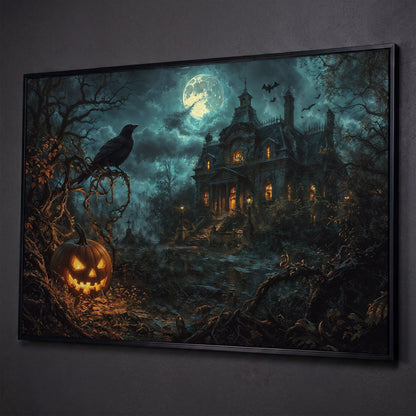 Haunted Mansion Halloween Night Canvas Art shown in black floating frame