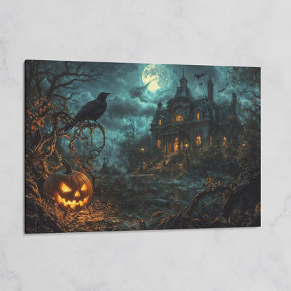 Haunted Mansion Halloween Night Canvas Art on gallery wrap