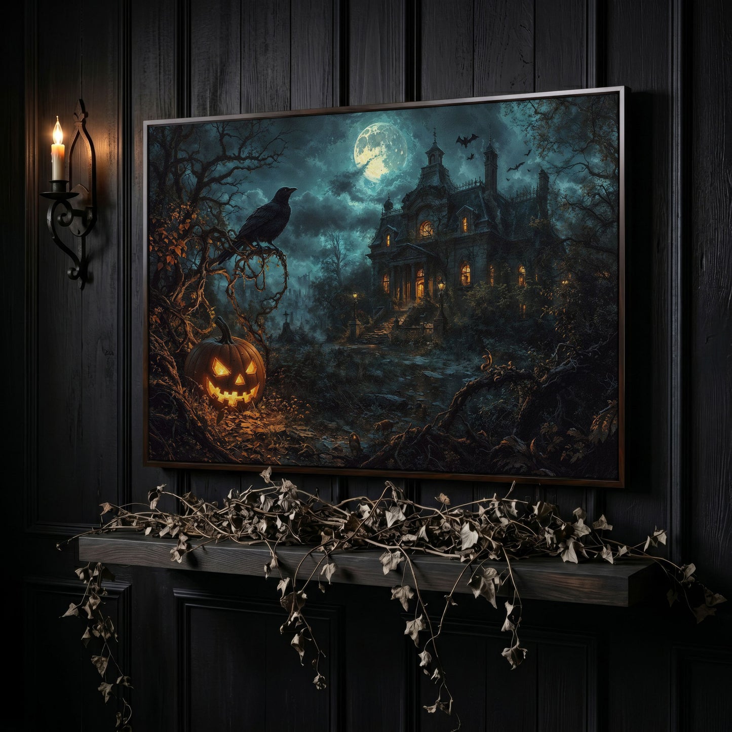 Haunted Mansion Halloween Night Canvas Art in dark walnut floating frame