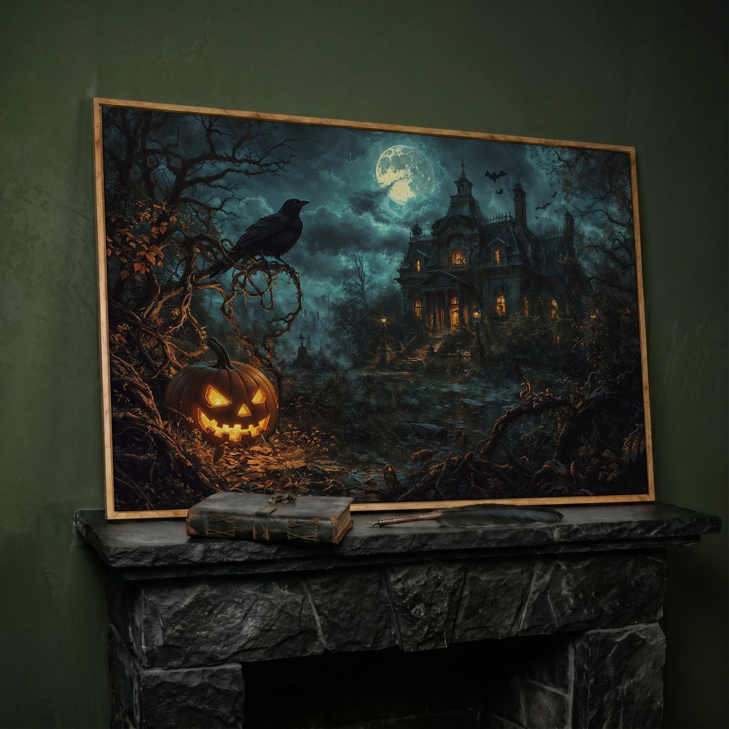 Haunted Mansion Halloween Night Canvas Art in white oak floating frame