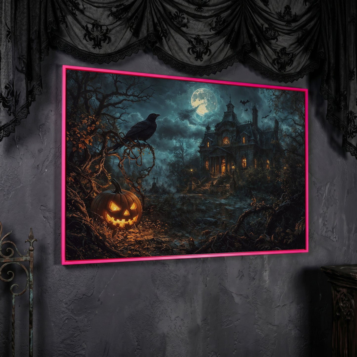 Haunted Mansion Halloween Night Canvas Art in pink floating frame