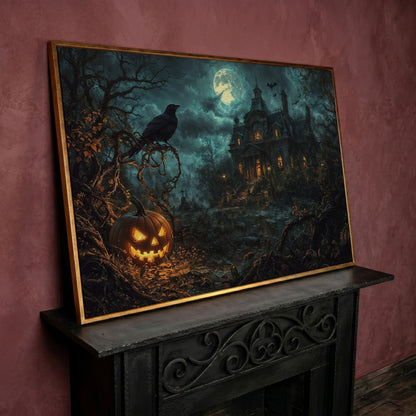 Haunted Mansion Halloween Night Canvas Art in rose gold floating frame