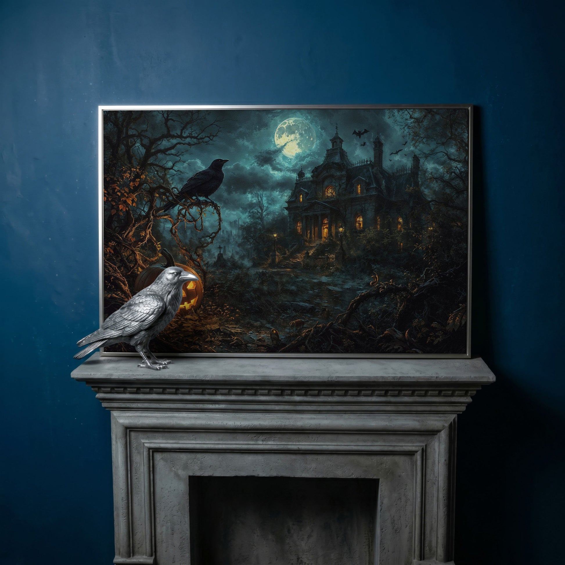 Haunted Mansion Halloween Night Canvas Art in silver floating frame