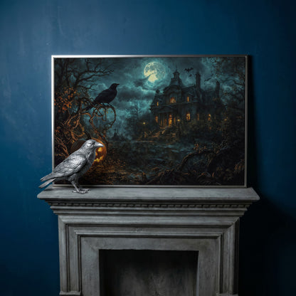 Haunted Mansion Halloween Night Canvas Art in silver floating frame