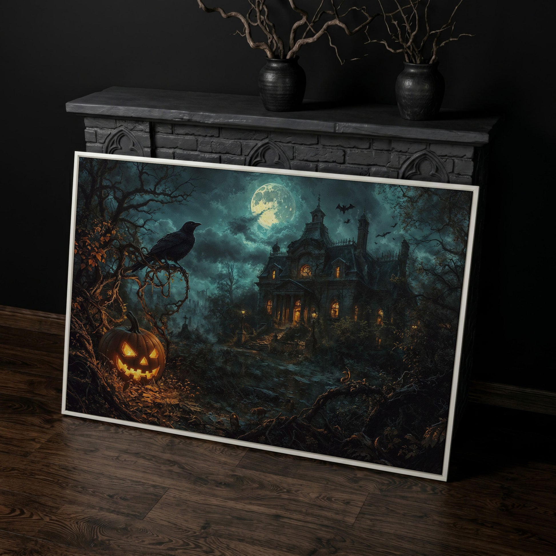 Haunted Mansion Halloween Night Canvas Art in white floating frame