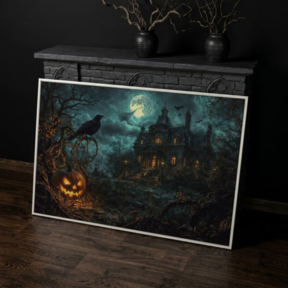 Haunted Mansion Halloween Night Canvas Art in white floating frame
