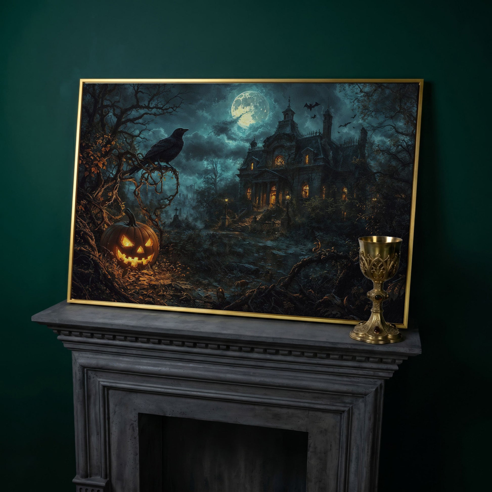 Haunted Mansion Halloween Night Canvas Art in yellow gold floating frame