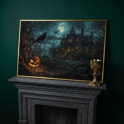 Haunted Mansion Halloween Night Canvas Art in yellow gold floating frame