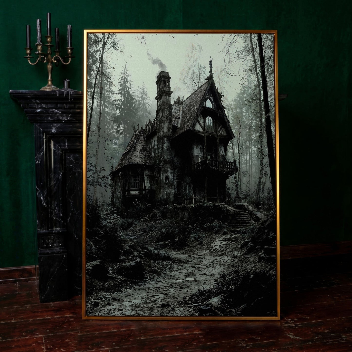 Gothic Cottage in a Misty Forest Canvas Wall Art in antique gold floating frame